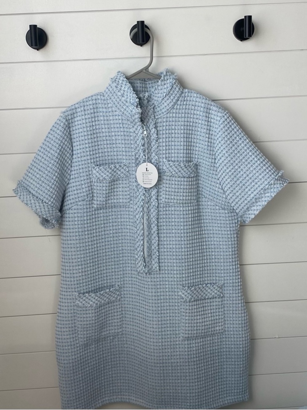 Light Blue Waffle Knit Short Sleeve Tunic Dress